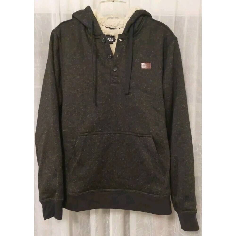 O’Neill Renzo Mens 1/4 Botton Pullover Sherpa Lined Hoodie Gray Kangaroo Pouch S